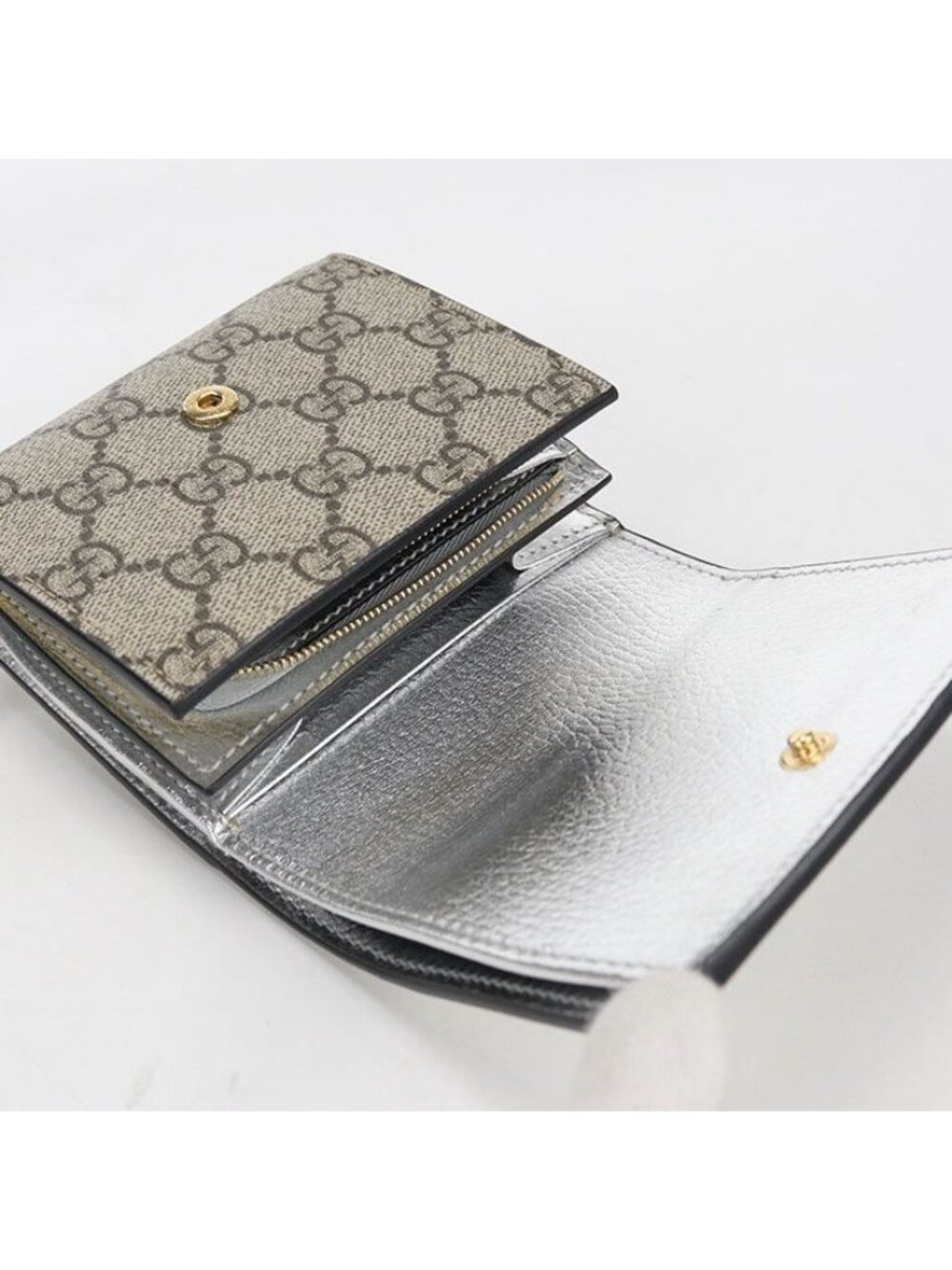 Gucci Compact Wallet Double Bifold GG Supreme Silver Beige - Picture 3 of 8